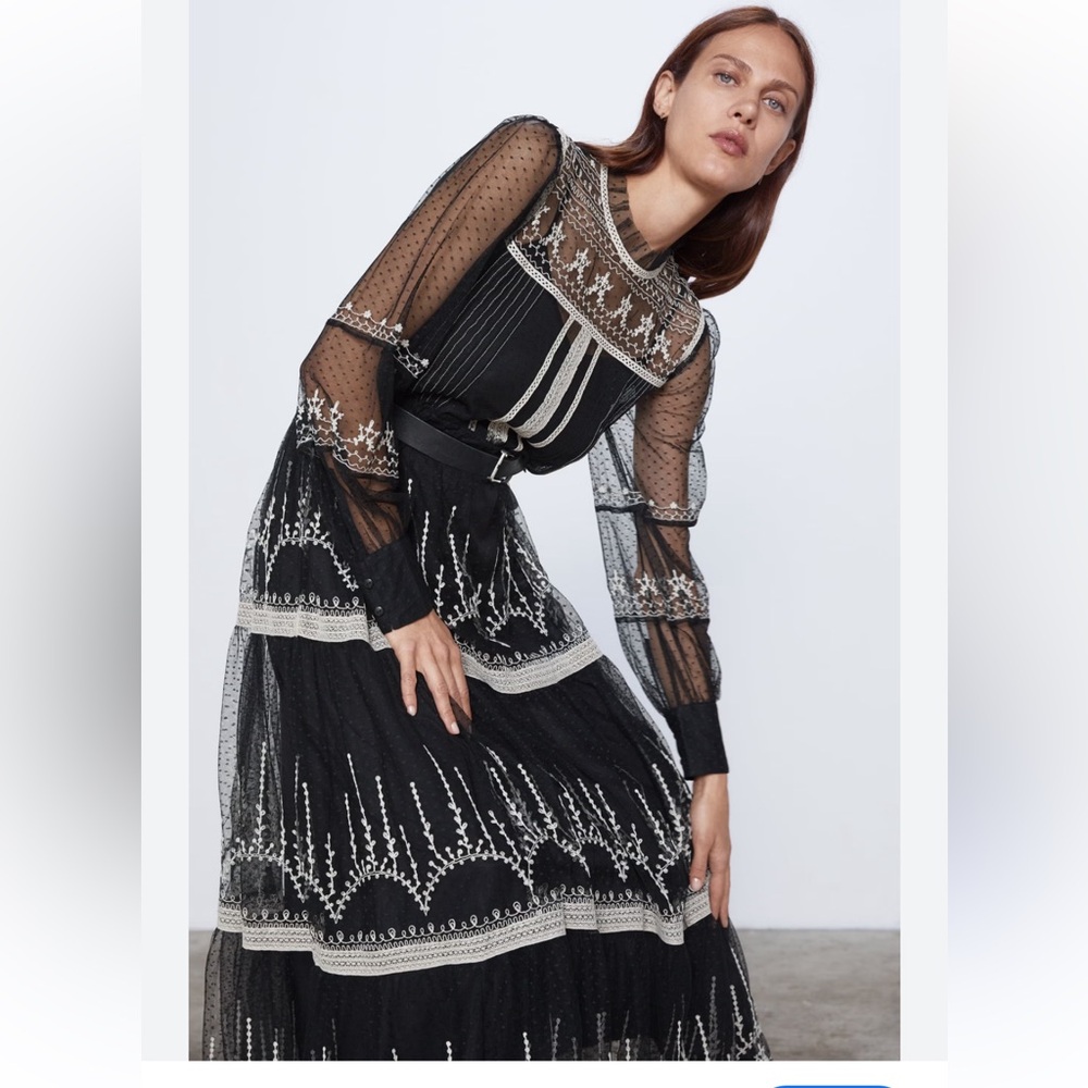 Zara Black and White Embroidered Dress